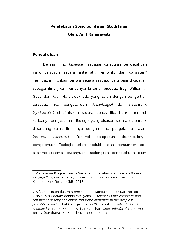 Doc Pendekatan Sosiologi Dalam Studi Islam Anief Rahmawaty Academia Edu