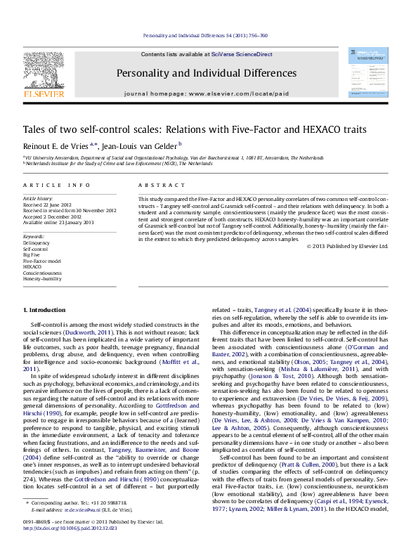 (PDF) Tales of two self-control scales: Relations with Five-Factor and ...