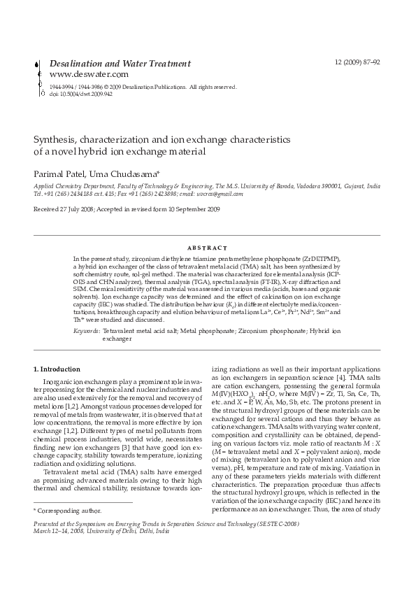 (PDF) Synthesis, characterization and ion exchange characteristics of a ...