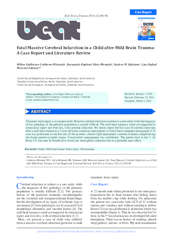 (PDF) Fatal Massive Cerebral Infarction in a Child after Mild Brain ...