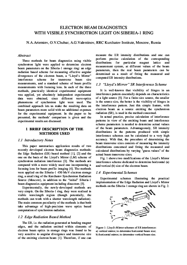 (PDF) ELECTRON BEAM DIAGNOSTICS WITH VISIBLE SYNCHROTRON LIGHT ON ...