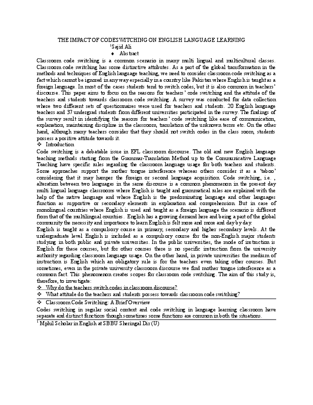 Doc The Impact Of Codeswitching On Learning English Language