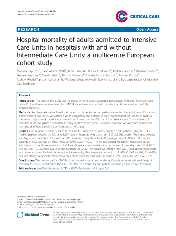 Hospital mortality of adults admitted to Intensive Care Units in ...