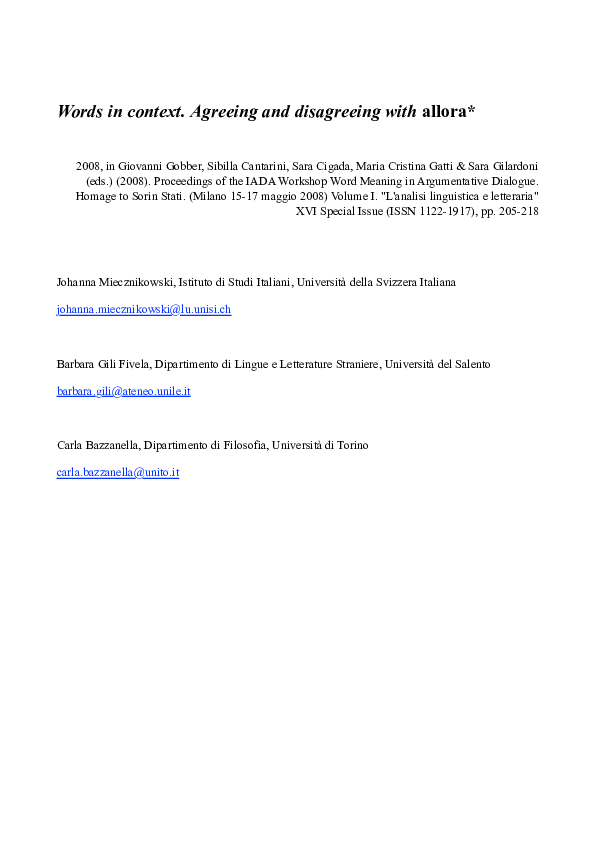 (PDF) Words in context. Agreeing and disagreeing with allora Barbara