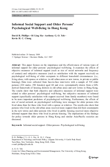 Pdf Informal Social Support And Older Persons Psychological Well