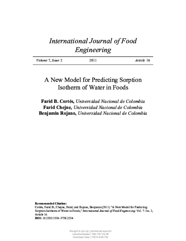(PDF) A New Model for Predicting Sorption Isotherm of Water in Foods