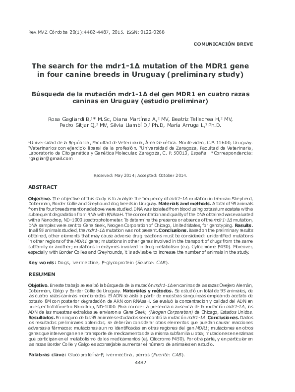 (PDF) The search for the mdr1-1Δ mutation of the MDR1 gene in four ...