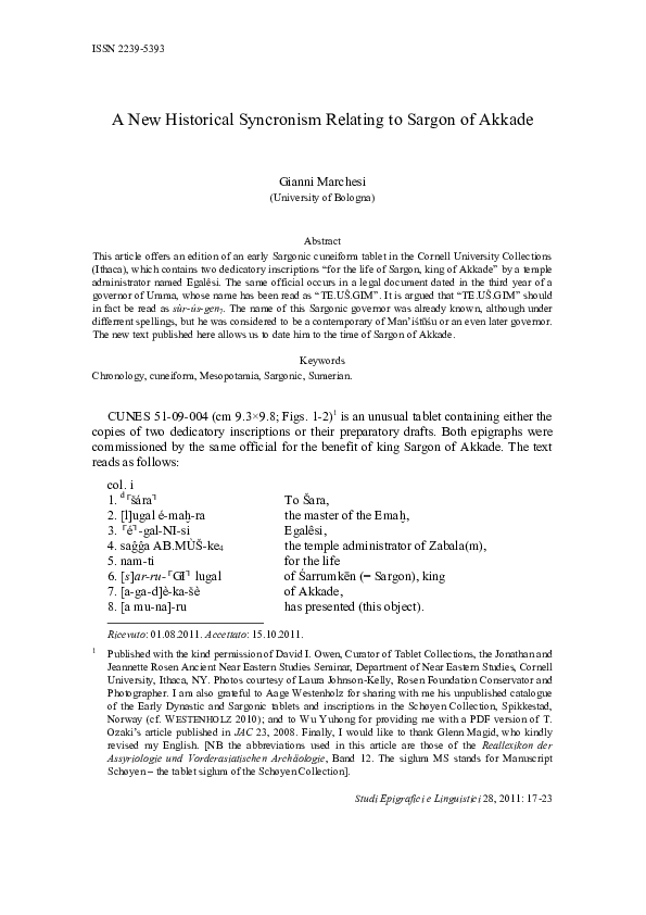 A New Historical Syncronism Relating to Sargon of Akkade