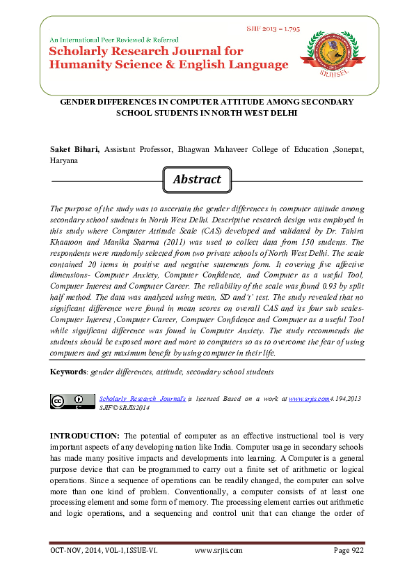 (PDF) GENDER DIFFERENCES IN COMPUTER ATTITUDE AMONG SECONDARY SCHOOL ...