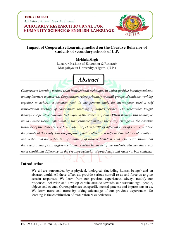 (PDF) Impact of Cooperative Learning method on the Creative Behavior of ...