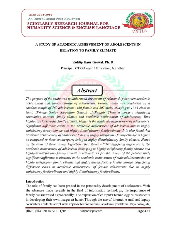 (PDF) A STUDY OF ACADEMIC ACHIEVEMENT OF ADOLESCENTS IN RELATION TO ...