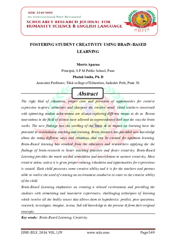 (PDF) FOSTERING STUDENT CREATIVITY USING BRAIN - BASED LEARNING