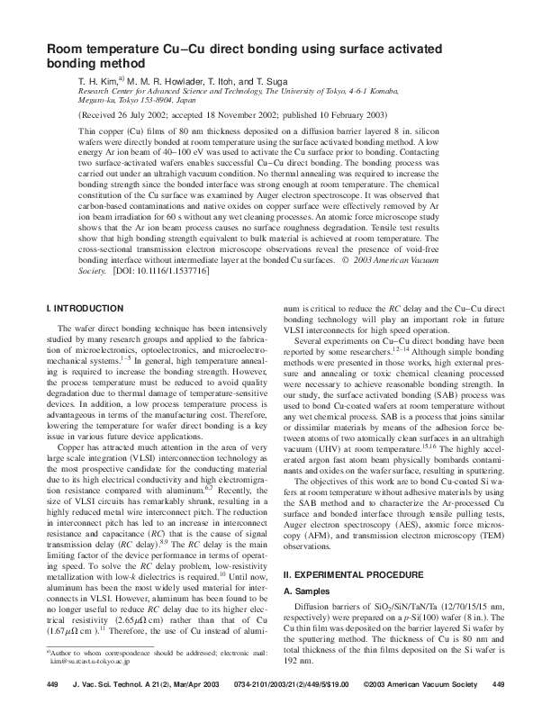(PDF) Room temperature Cu–Cu direct bonding using surface activated ...