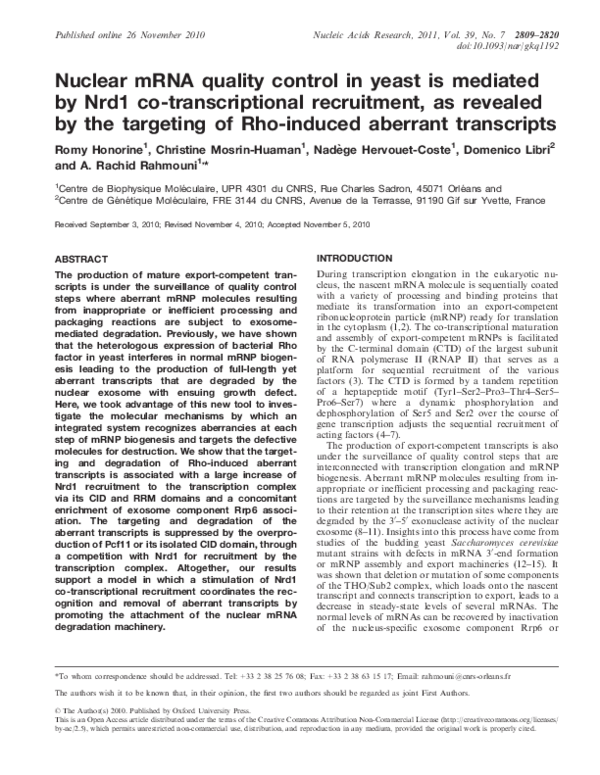 (PDF) Nuclear mRNA quality control in yeast is mediated by Nrd1 co ...