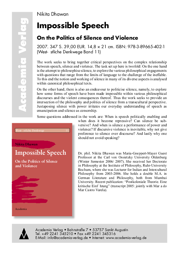 Impossible Speech On The Politics Of Silence And Violence Nikita Impossible Speech On The Politics Of Silence And Violence Nikita