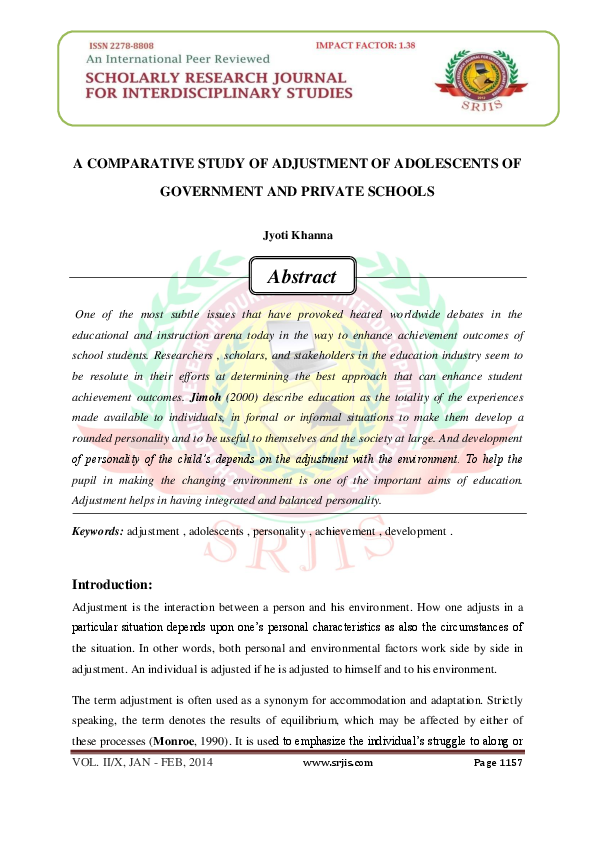 (PDF) A COMPARATIVE STUDY OF ADJUSTMENT OF ADOLESCENTS OF GOVERNMENT ...
