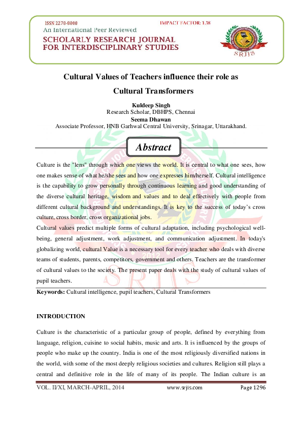(PDF) Cultural Values of Teachers influence their role as Cultural ...