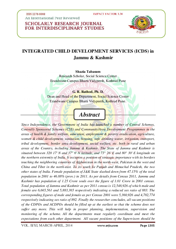 (PDF) INTEGRATED CHILD DEVELOPMENT SERVICES (ICDS) in Jammu & Kashmir