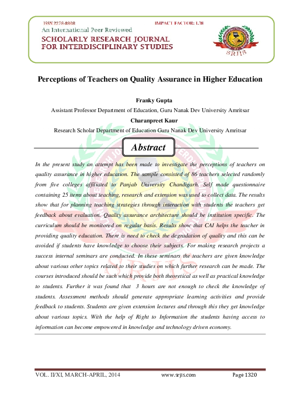 (PDF) Perceptions of Teachers on Quality Assurance in Higher Education