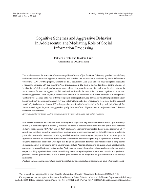 (PDF) Cognitive schemas and aggressive behavior in adolescents: The ...