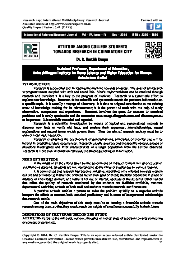 (PDF) Attitude Among College Students towards Research in Coimbatore City