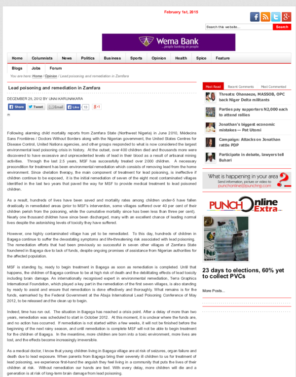 (PDF) Lead poisoning and remediation in Zamfara Unni Karunakara