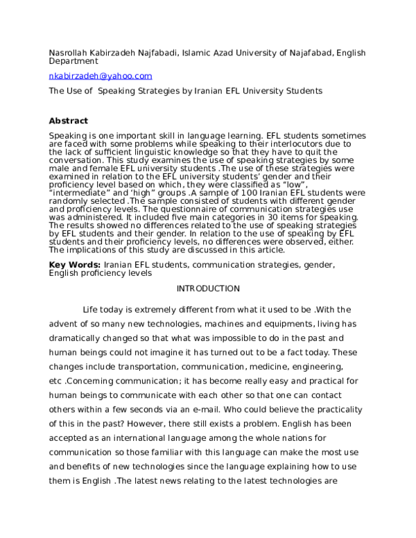 (DOC) the use of speaking strategies by iranian efl learners