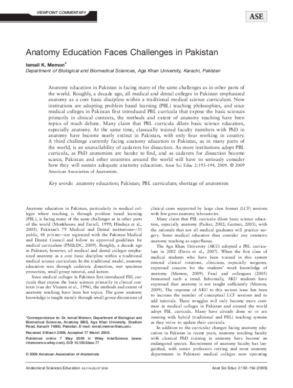 (PDF) 2009, Anatomy Education Faces Challenges in Pakistan