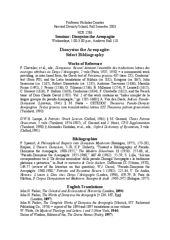 Dionysios the Areopagite, Select Bibliography