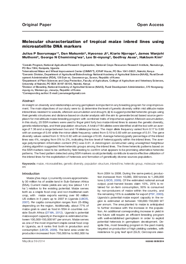 (PDF) Molecular characterization of tropical maize inbred lines ...