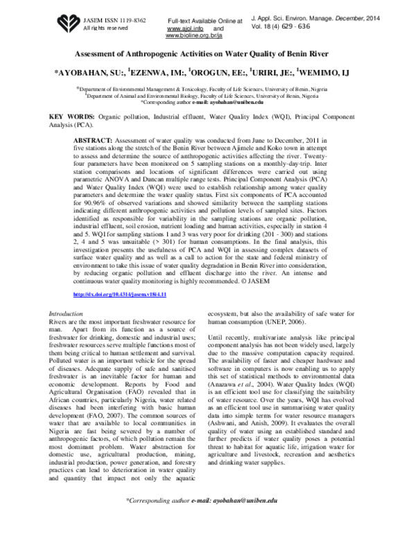 (PDF) Assessment of Anthropogenic Activities on Water Quality of Benin ...
