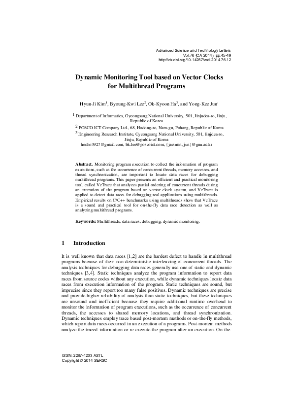 Dynamic Monitoring Tool based on Vector Clocks for Multithread Programs