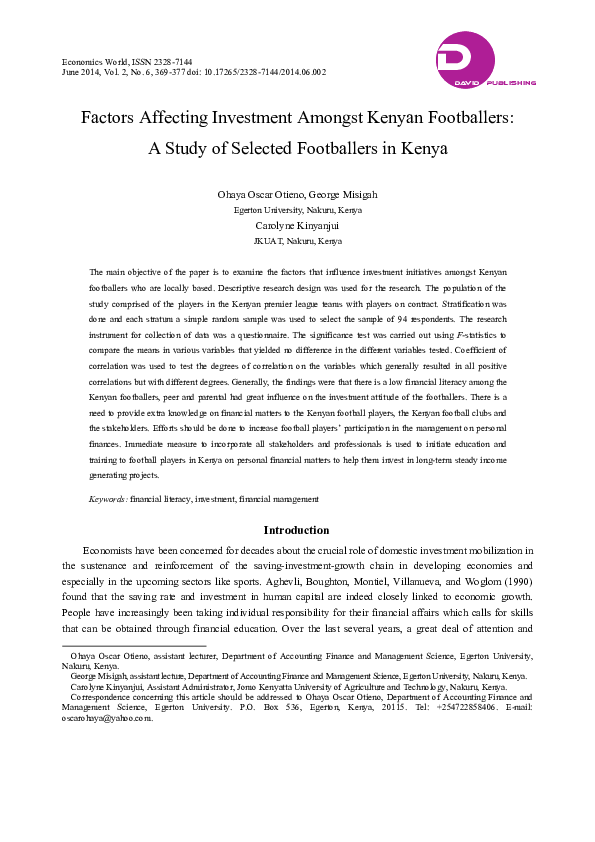 (PDF) Factors Affecting Investment Amongst Kenyan Footballers A Study