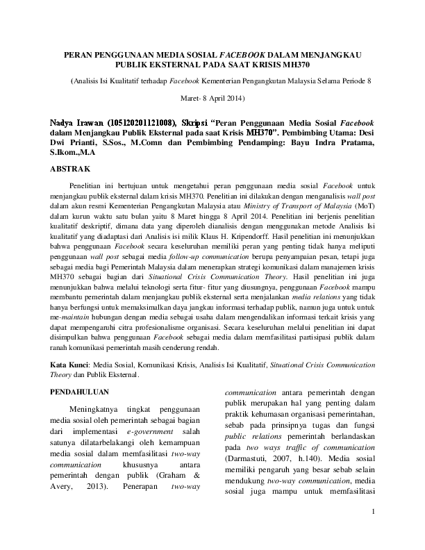 Pdf Pengaruh Penggunaan Media Sosial Facebook Untuk Menjangkau Publik Eksternal Krisis Mh370 Analisis Isi Kualitatif Nadya Irawan Academia Edu