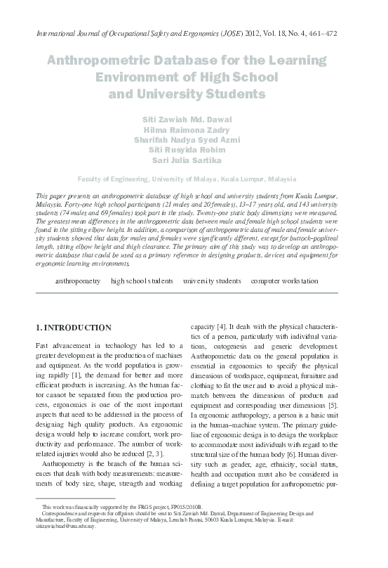 (PDF) Anthropometric Database for the Learning Environment of High ...