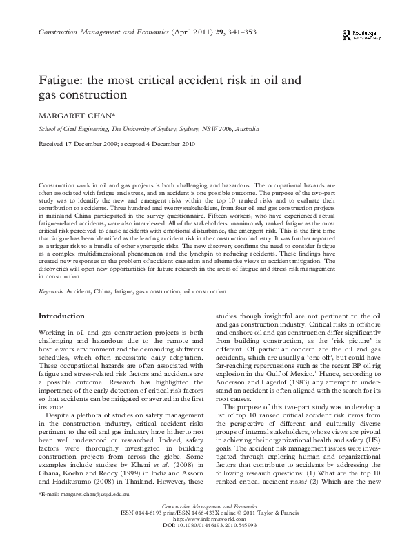 (PDF) Fatigue: the most critical accident risk in oil and gas construction