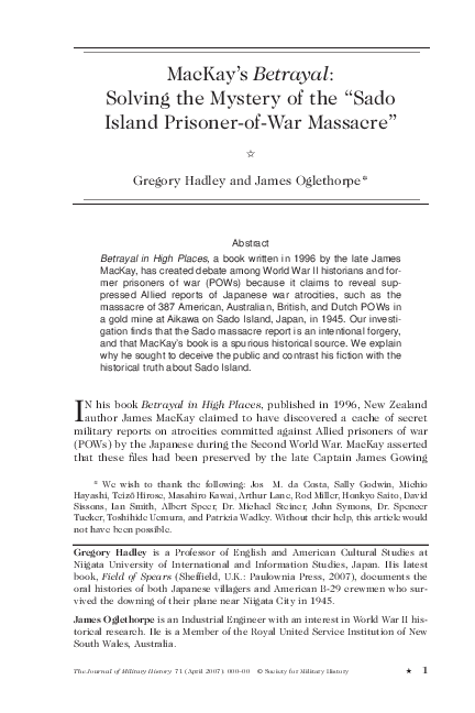 Pdf Mackay S Betrayal Solving The Mystery Of The Sado Island Prisoner Of War Massacre Gregory Hadley Academia Edu