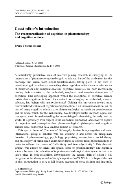 (PDF) The Recorporealization of Cognition in Phenomenology and ...