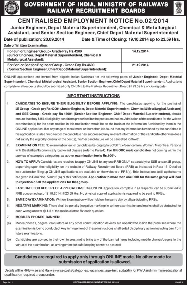 PDF) RRB JE &amp; SE Notification 2014