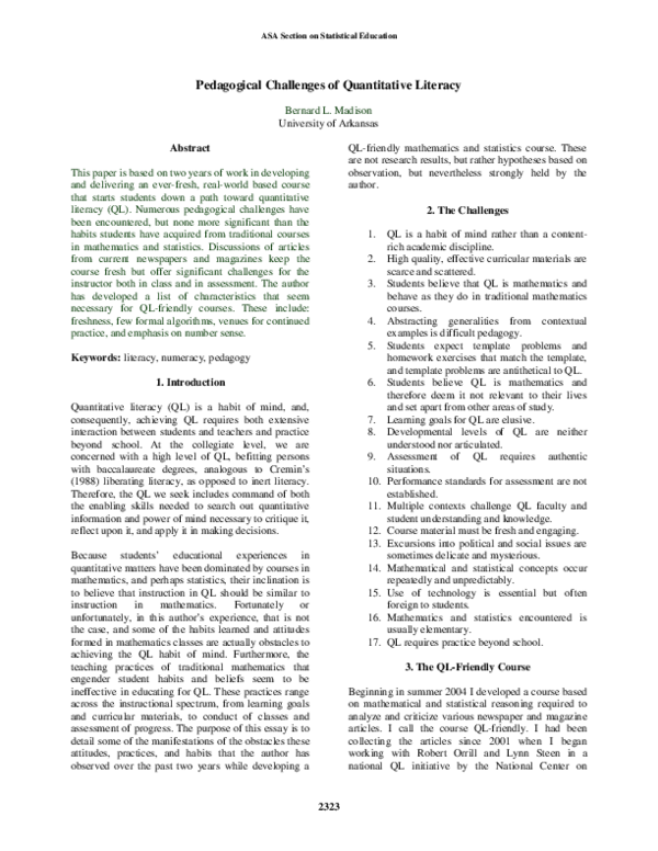 (PDF) Pedagogical Challenges of Quantitative Literacy