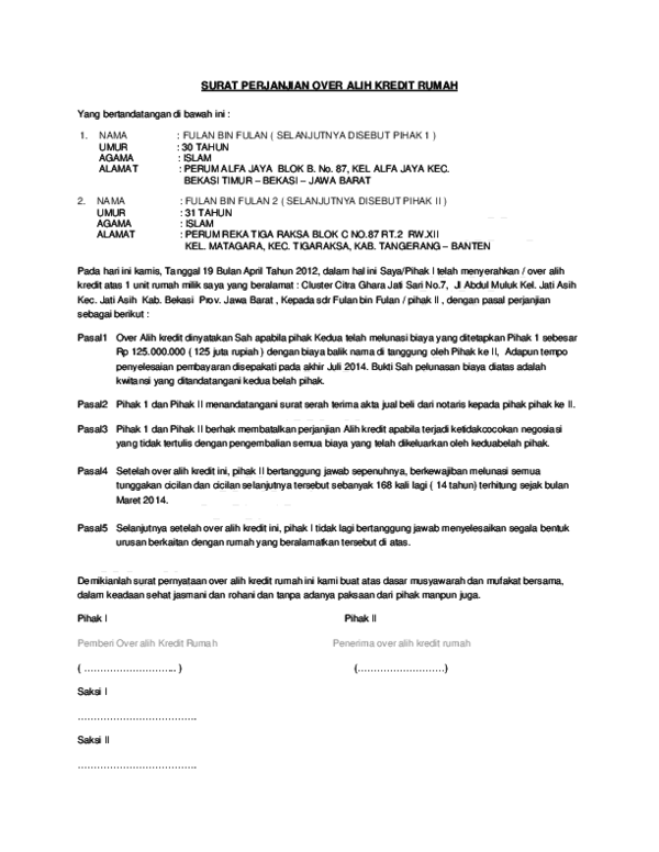 (PDF) SURAT PERJANJIAN OVER ALIH KREDIT RUMAH