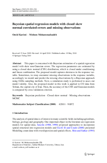 Bayesian spatial regression models with closed skew normal correlated ...