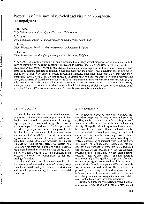 (PDF) Properties of mixtures of recycled and virgin polypropylene ...
