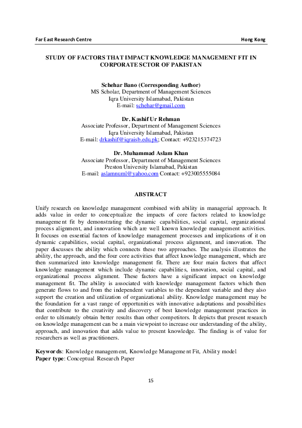 (PDF) Study of Factors that impact Knowledge Management Fit in ...