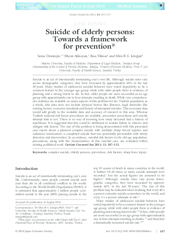 (PDF) Suicide of elderly persons: Towards a framework for prevention