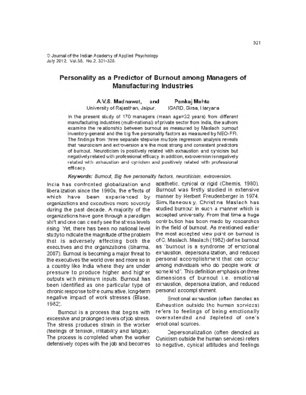 (PDF) Personality as a predictor of Burnout among managers