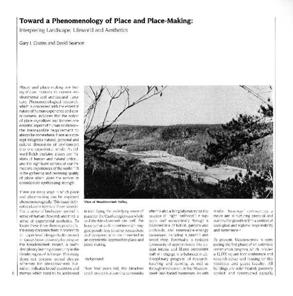 (PDF) Toward a Phenomenology of Place and Place Making: Interpreting ...