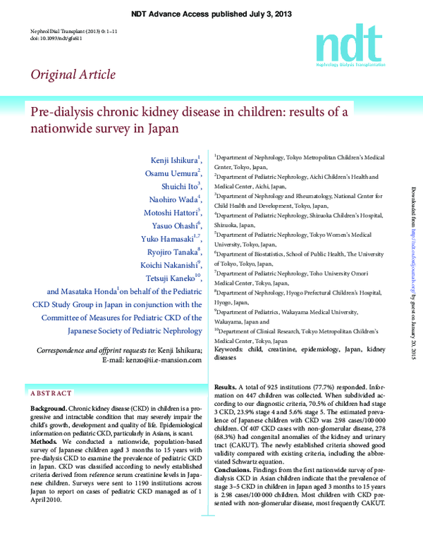 Pre-dialysis chronic kidney disease in children: results of a ...