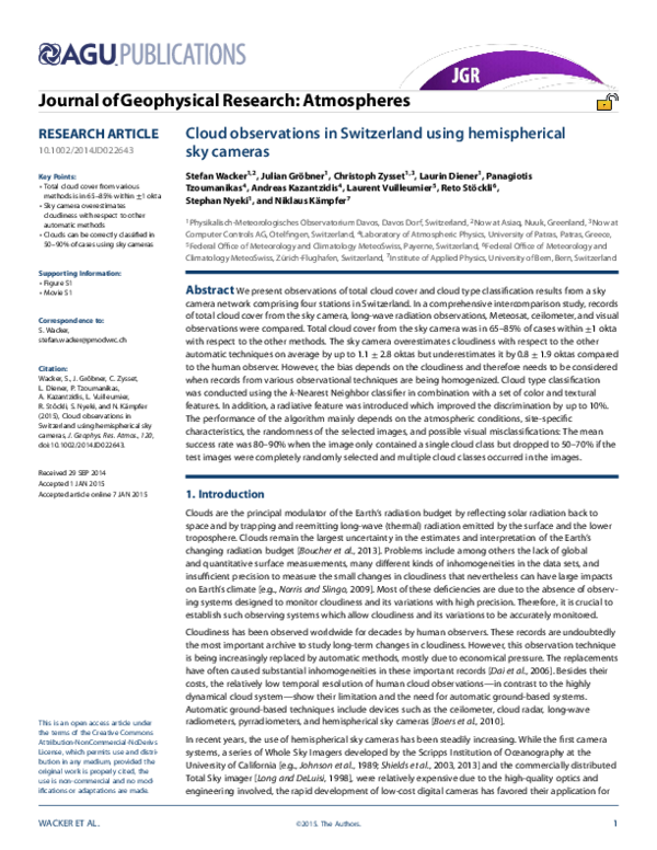 (PDF) Cloud observations in Switzerland using hemispherical sky cameras
