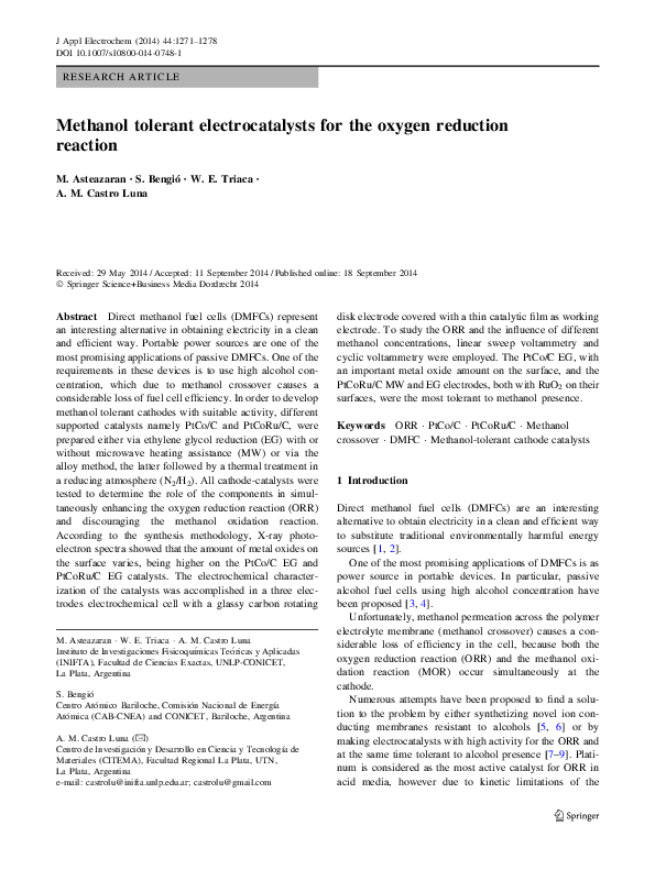 (PDF) Methanol tolerant electrocatalysts for the oxygen reduction reaction